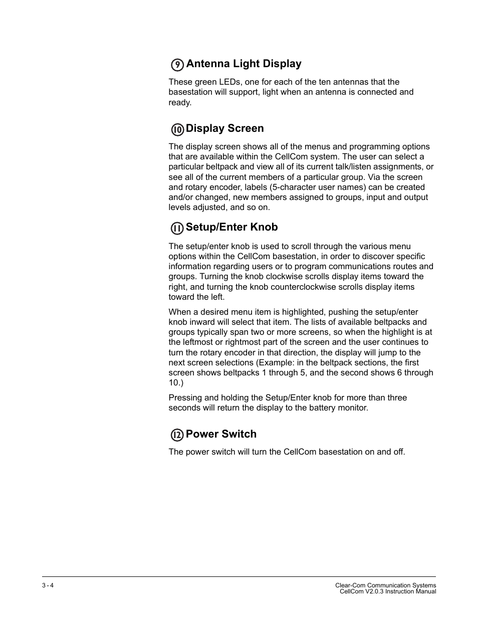 Antenna light display, Display screen, Power switch | Setup/enter knob | Clear-Com CellCom Battery Pack Charger User Manual | Page 48 / 217