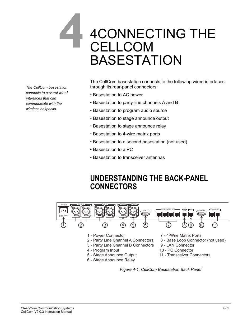 4connecting the cellcom basestation, Understanding the back-panel connectors, 4connecting the cellcom basestation . 4-1 | Understanding the back-panel connectors -1, Figure 4-1 cellcom basestation back panel -1 | Clear-Com CellCom Battery Pack Charger User Manual | Page 49 / 217