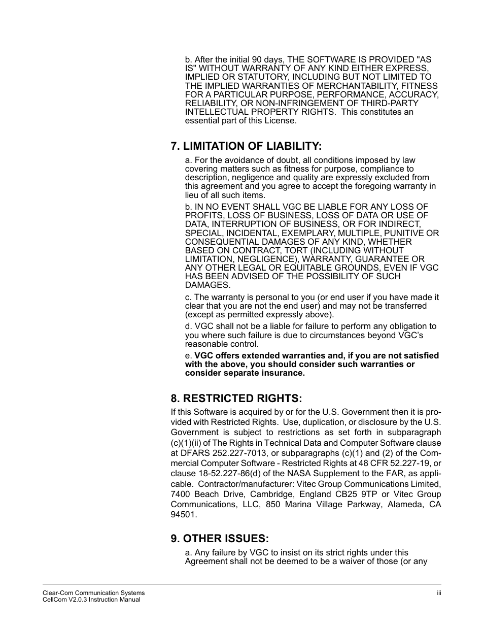 Limitation of liability, Restricted rights, Other issues | Clear-Com CellCom Battery Pack Charger User Manual | Page 5 / 217