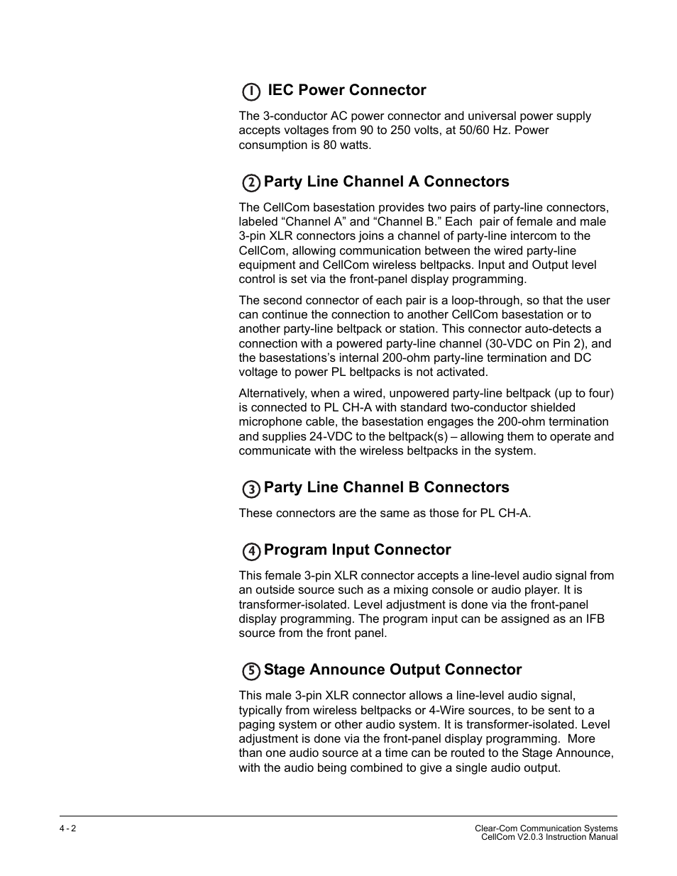 Iec power connector, Party line channel a connectors, Party line channel b connectors | Program input connector, Stage announce output connector | Clear-Com CellCom Battery Pack Charger User Manual | Page 50 / 217