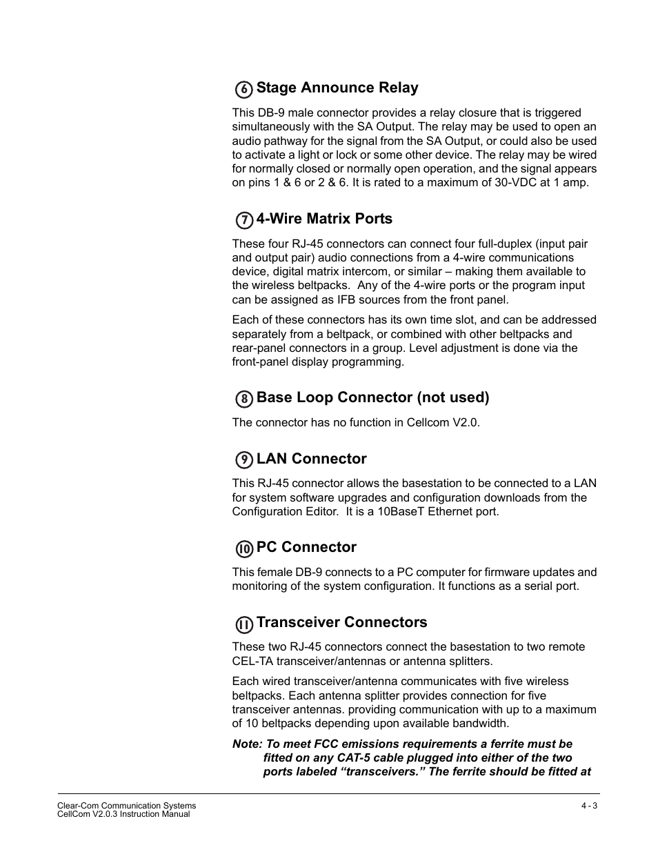 Stage announce relay, Wire matrix ports, Base loop connector (not used) | Lan connector, Pc connector, Transceiver connectors | Clear-Com CellCom Battery Pack Charger User Manual | Page 51 / 217