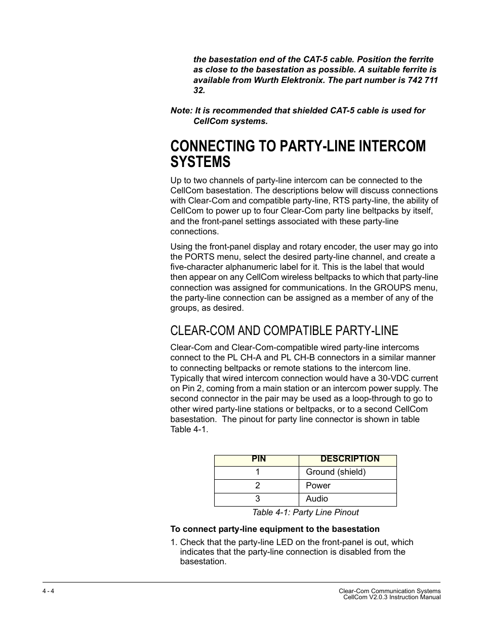 Connecting to party-line intercom systems, Clear-com and compatible party-line, Connecting to party-line intercom systems -4 | Clear-com and compatible party-line -4, Table 4-1 party line pinout -4 | Clear-Com CellCom Battery Pack Charger User Manual | Page 52 / 217