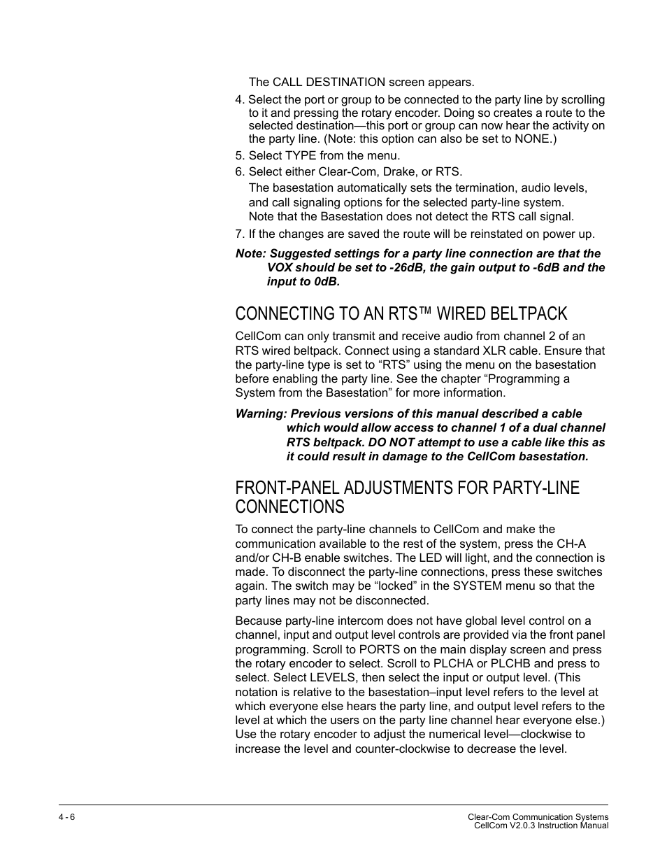 Connecting to an rts™ wired beltpack, Front-panel adjustments for party-line connections | Clear-Com CellCom Battery Pack Charger User Manual | Page 54 / 217