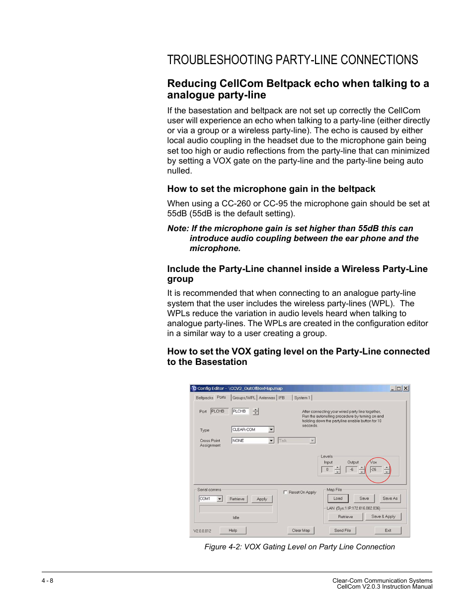 Troubleshooting party-line connections, How to set the microphone gain in the beltpack, Troubleshooting party-line connections -8 | Clear-Com CellCom Battery Pack Charger User Manual | Page 56 / 217