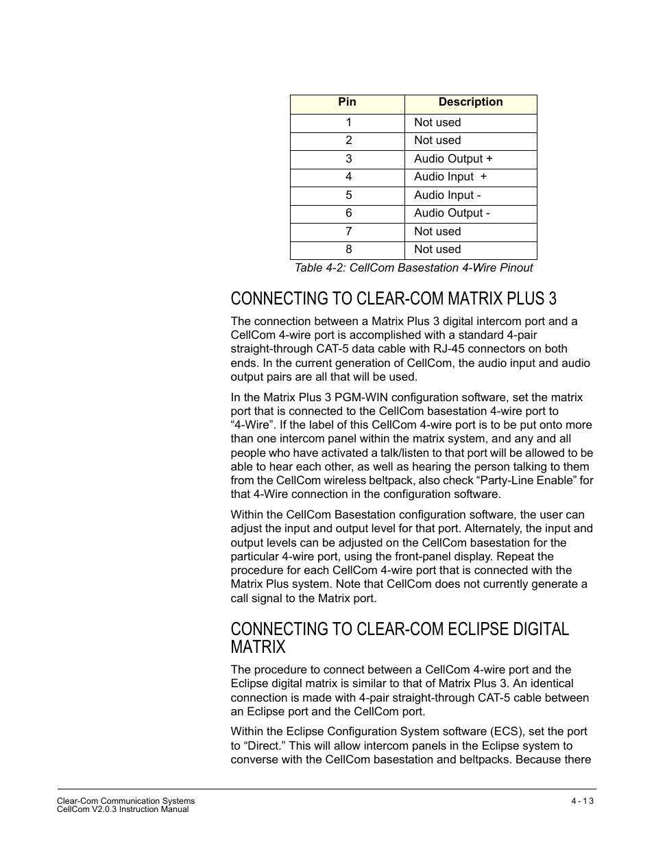 Connecting to clear-com matrix plus 3, Connecting to clear-com eclipse digital matrix, Table 4-2 cellcom basestation 4-wire pinout -13 | Clear-Com CellCom Battery Pack Charger User Manual | Page 61 / 217