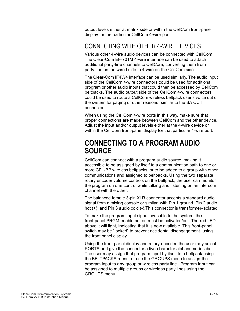 Connecting with other 4-wire devices, Connecting to a program audio source, Connecting with other 4-wire devices -15 | Connecting to a program audio source -15 | Clear-Com CellCom Battery Pack Charger User Manual | Page 63 / 217