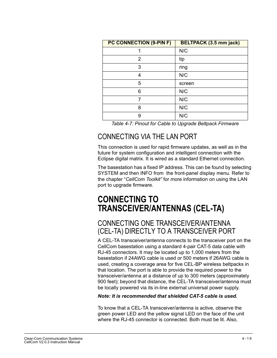 Connecting via the lan port, Connecting to transceiver/antennas (cel-ta), Connecting via the lan port -19 | Connecting to transceiver/antennas (cel-ta) -19, Ceiver port -19 | Clear-Com CellCom Battery Pack Charger User Manual | Page 67 / 217