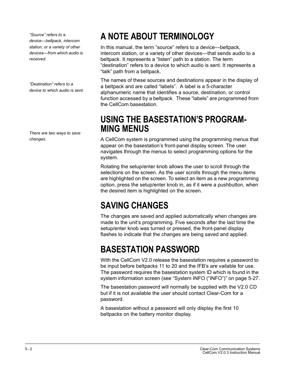 A note about terminology, Using the basestation’s programming menus, Saving changes | Basestation password, Using the basestation’s program- ming menus | Clear-Com CellCom Battery Pack Charger User Manual | Page 72 / 217