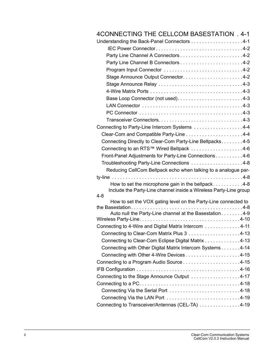 4connecting the cellcom basestation . 4-1 | Clear-Com CellCom Battery Pack Charger User Manual | Page 8 / 217