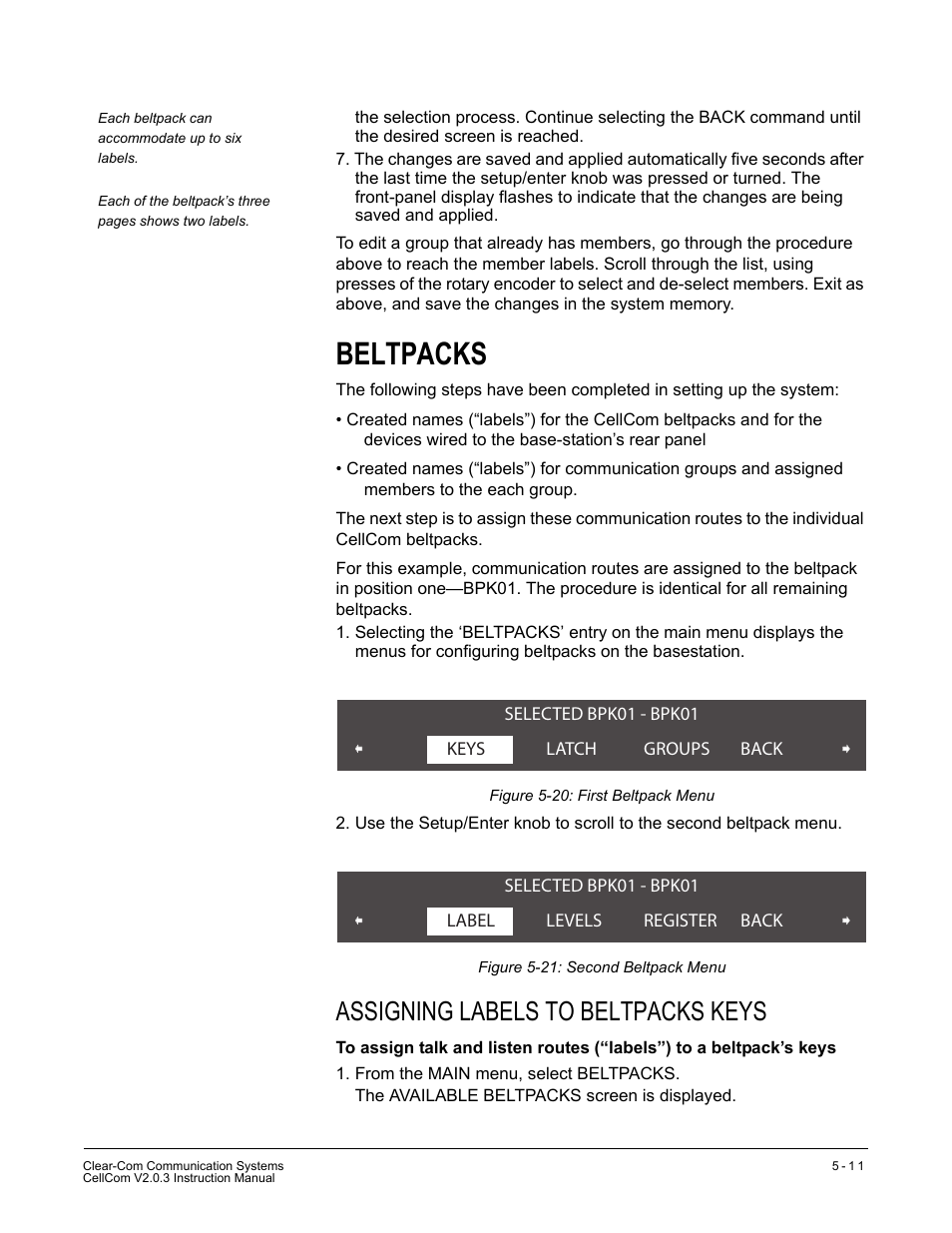 Beltpacks, Assigning labels to beltpacks keys, Beltpacks -11 | Assigning labels to beltpacks keys -11 | Clear-Com CellCom Battery Pack Charger User Manual | Page 81 / 217