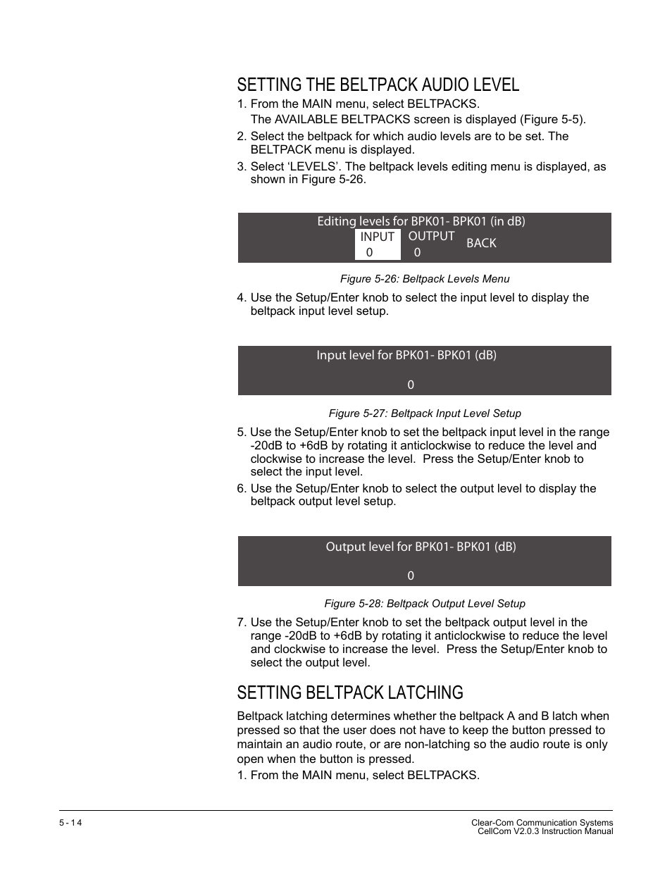 Setting the beltpack audio level, Setting beltpack latching | Clear-Com CellCom Battery Pack Charger User Manual | Page 84 / 217