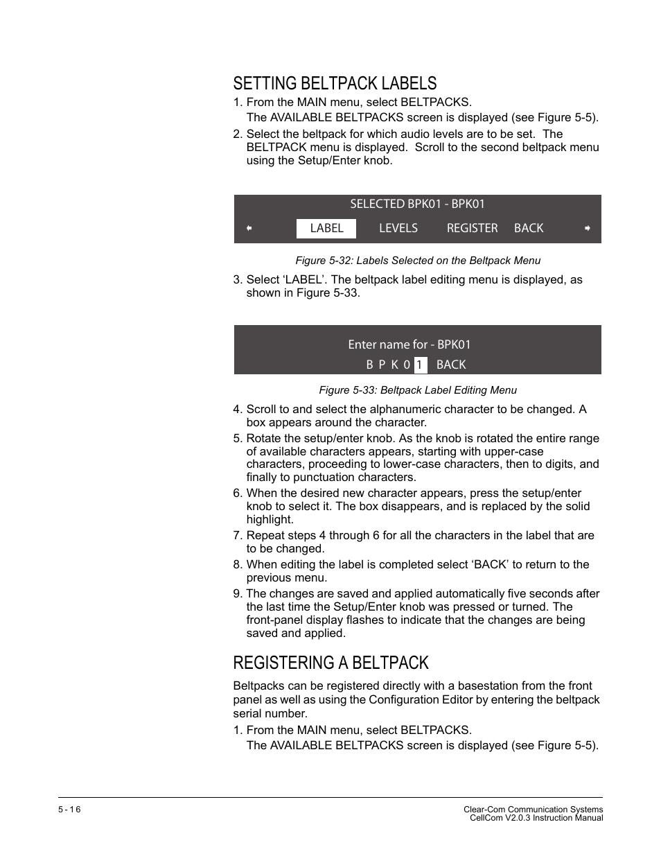 Setting beltpack labels, Registering a beltpack | Clear-Com CellCom Battery Pack Charger User Manual | Page 86 / 217