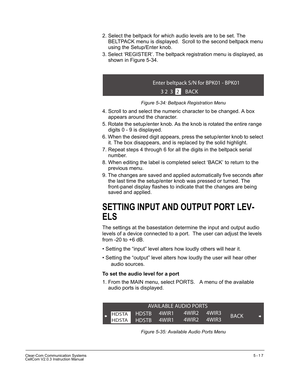 Setting input and output port levels, Setting input and output port levels -17, Setting input and output port lev- els | Clear-Com CellCom Battery Pack Charger User Manual | Page 87 / 217