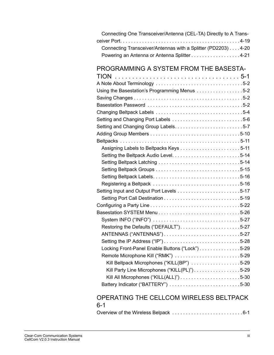 Programming a system from the basesta- tion -1, Operating the cellcom wireless beltpack 6-1 | Clear-Com CellCom Battery Pack Charger User Manual | Page 9 / 217