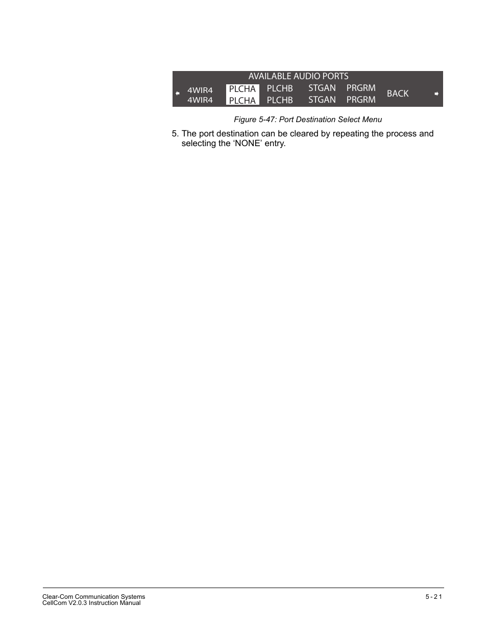 Figure 5-47 port destination select menu -21 | Clear-Com CellCom Battery Pack Charger User Manual | Page 91 / 217