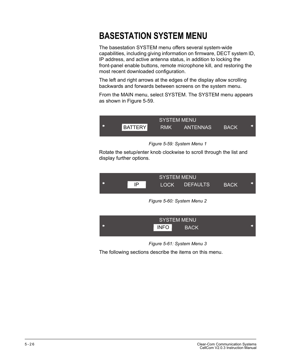 Basestation system menu, Basestation system menu -26 | Clear-Com CellCom Battery Pack Charger User Manual | Page 96 / 217