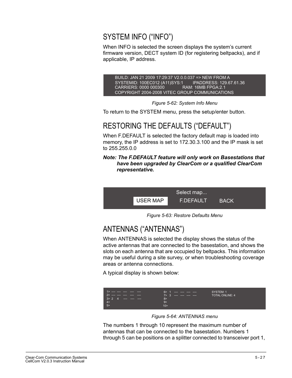 System info (“info”), Restoring the defaults (“default”), Antennas (“antennas”) | Clear-Com CellCom Battery Pack Charger User Manual | Page 97 / 217