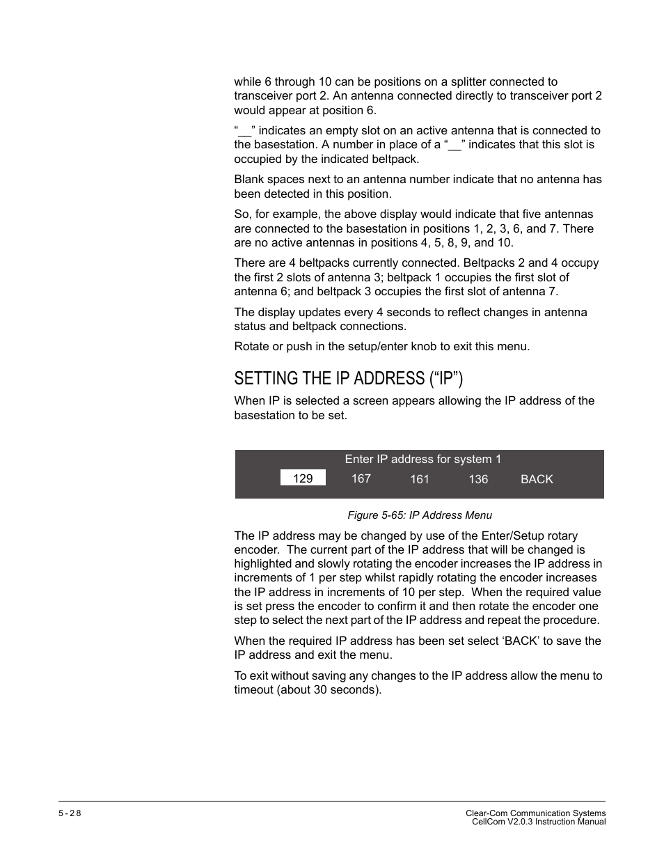 Setting the ip address (“ip”), Setting the ip address (“ip”) -28, Figure 5-65 ip address menu -28 | Clear-Com CellCom Battery Pack Charger User Manual | Page 98 / 217