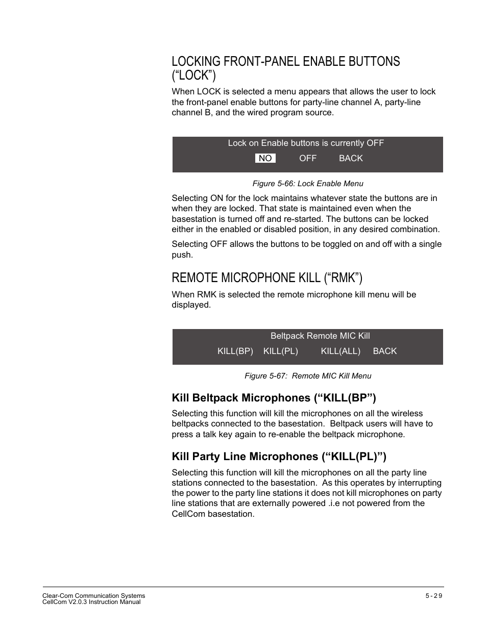 Locking front-panel enable buttons (“lock”), Remote microphone kill (“rmk”), Kill beltpack microphones (“kill(bp”) | Kill party line microphones (“kill(pl)”) | Clear-Com CellCom Battery Pack Charger User Manual | Page 99 / 217