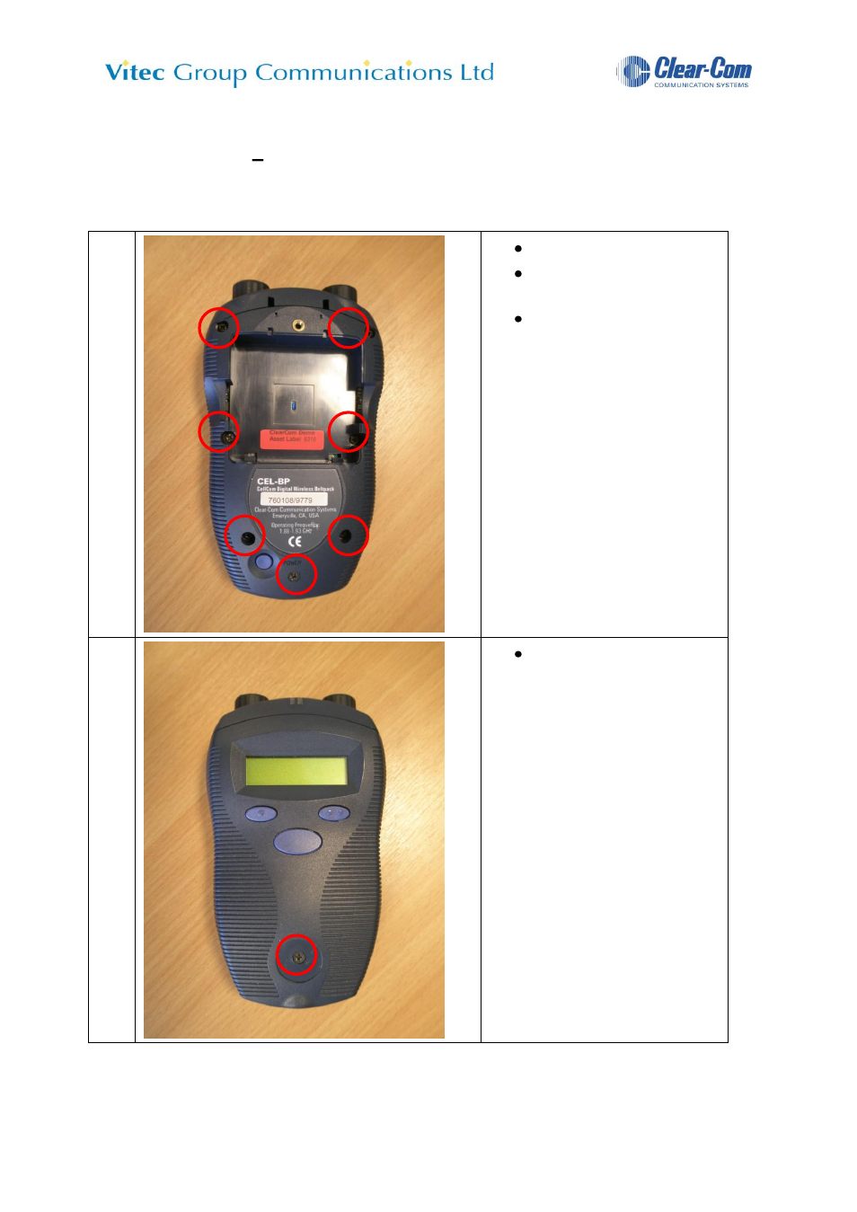 7 appendix b, Beltpack opening, 1 disassembling a mki beltpack for a dect upgrade | 7 appendix b – beltpack opening, Disassembling a mki beltpack for a dect upgrade | Clear-Com FreeSpeak User Manual | Page 42 / 49