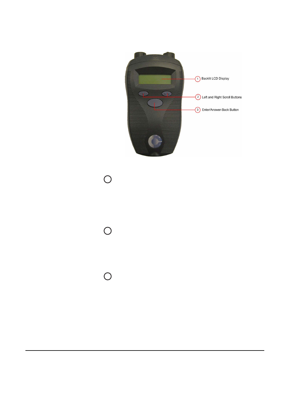 Beltpack front/display section, Backlit lcd display, Left and right scroll buttons | Enter/answer-back button, Beltpack front/display section -4, Backlit lcd display -4, Left and right scroll buttons -4, Enter/answer-back button -4, Figure 6-3 view of front of beltpack -4 | Clear-Com FreeSpeak Antenna Splitter User Manual | Page 104 / 213