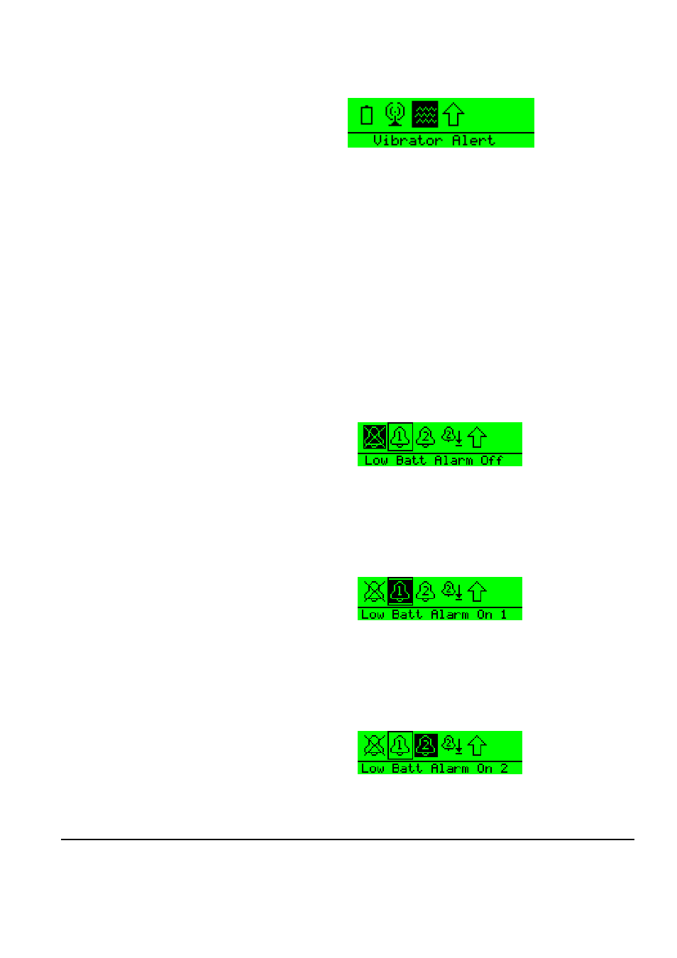 Switching the low battery alarm on and off, Low battery alarm off, Low battery alarm on1 | Low battery alarm on2, Switching the low battery alarm on and off -4, Low battery alarm off -4, Low battery alarm on1 -4, Low battery alarm on2 -4 | Clear-Com FreeSpeak Antenna Splitter User Manual | Page 120 / 213