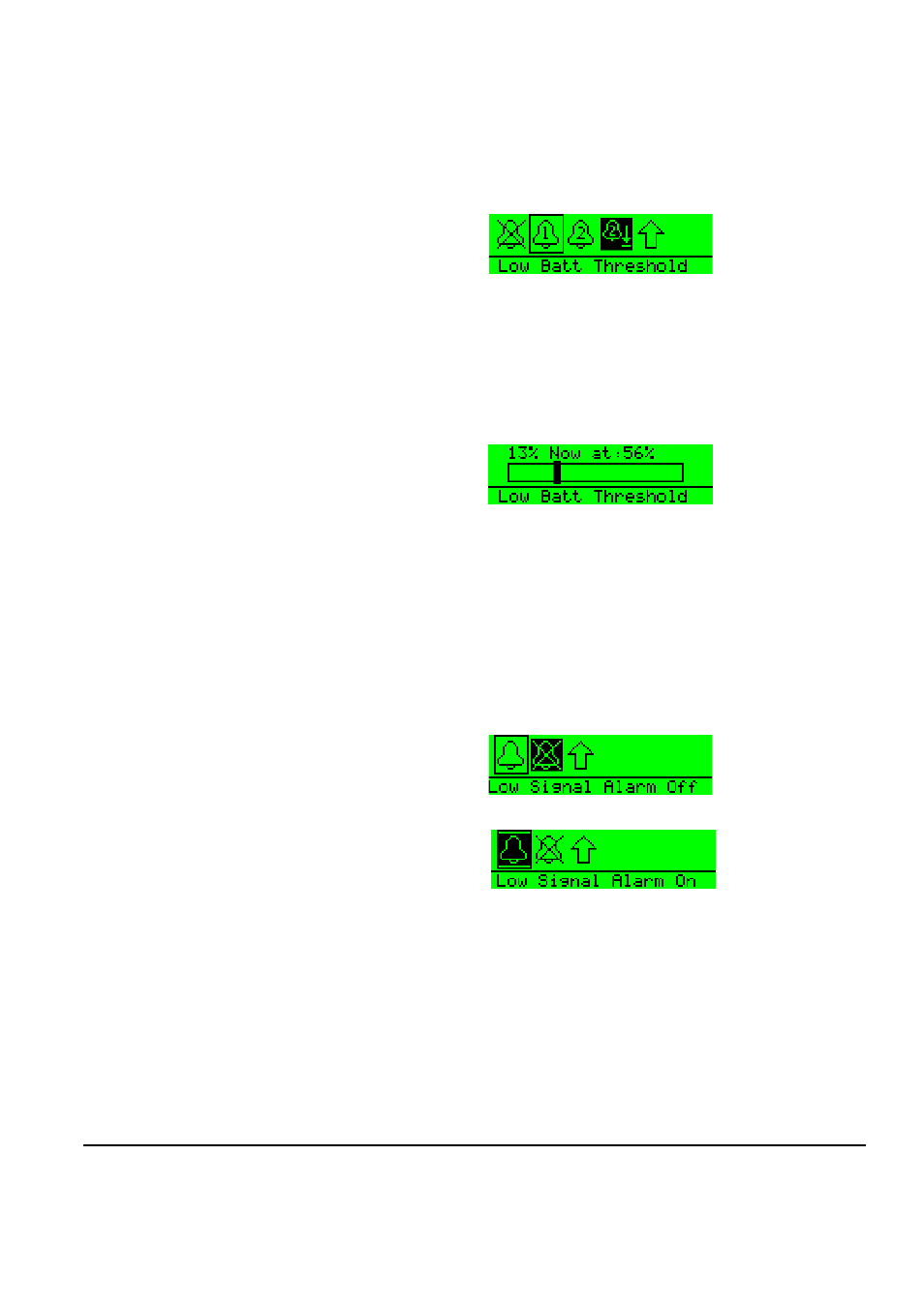 Low battery alarm threshold, Low battery threshold setup, Switching the low signal strength alarm on and off | The vibra call alert menu, Low battery alarm threshold -5, Low battery threshold setup -5, The vibra call alert menu -5 | Clear-Com FreeSpeak Antenna Splitter User Manual | Page 121 / 213