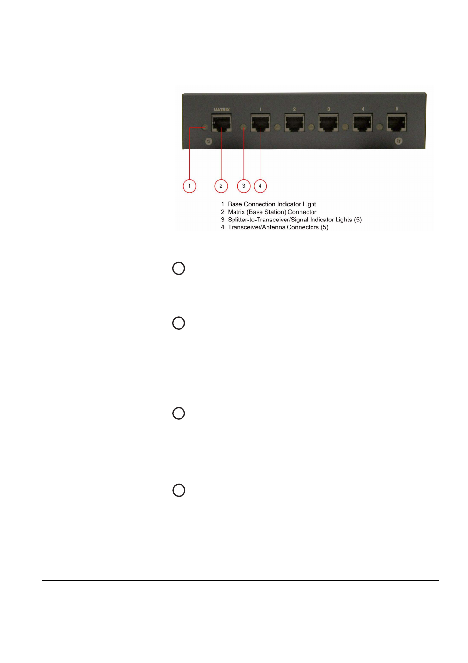 Pd2203 front connector panel, Basestation connection indicator light, Matrix (freespeak basestation) connector | Transceiver/antenna connectors, Pd2203 front connector panel -6, Basestation connection indicator light -6, Matrix (freespeak basestation) connector -6, Transceiver/antenna connectors -6 | Clear-Com FreeSpeak Antenna Splitter User Manual | Page 140 / 213