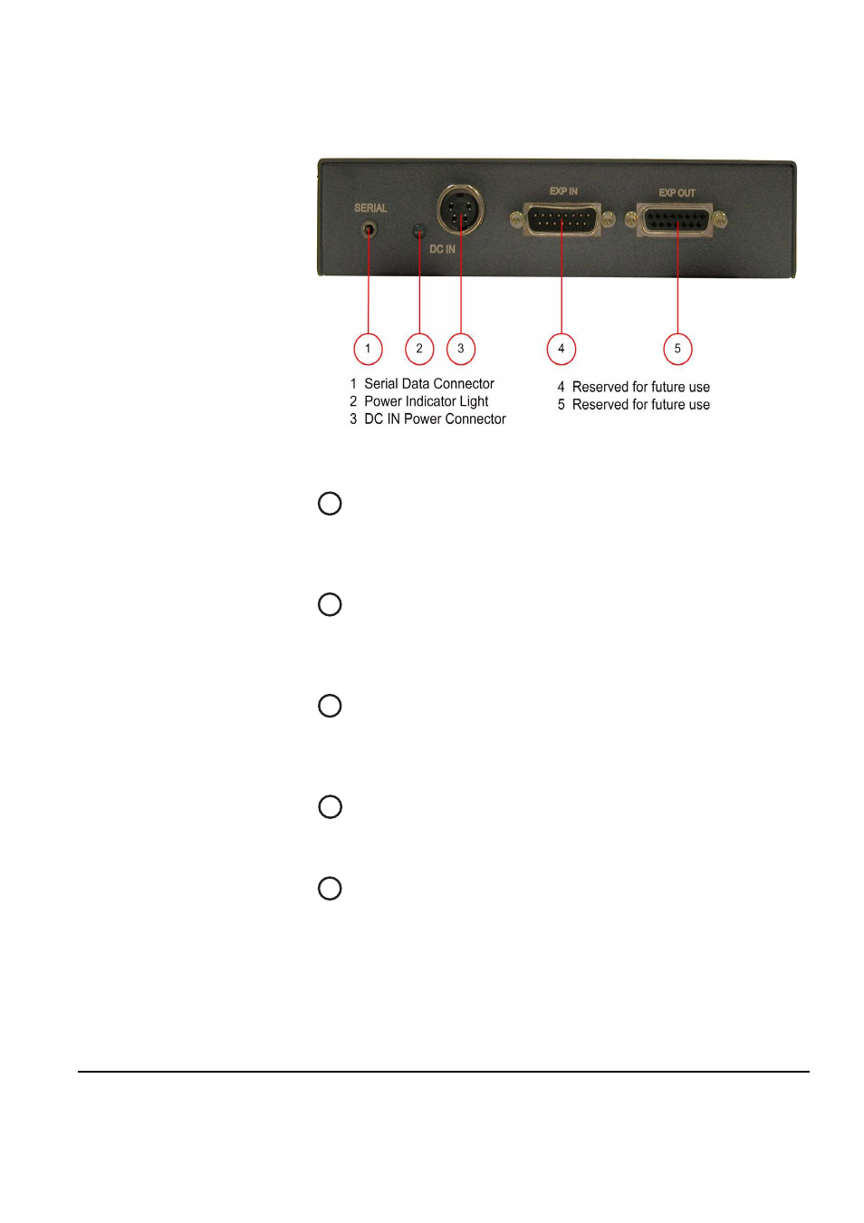 Pd2203 rear panel, Serial data connector, Power indicator | Dc in power connector, Exp in connector, Exp out connector, Pd2203 rear panel -7, Serial data connector -7, Power indicator -7, Dc in power connector -7 | Clear-Com FreeSpeak Antenna Splitter User Manual | Page 141 / 213