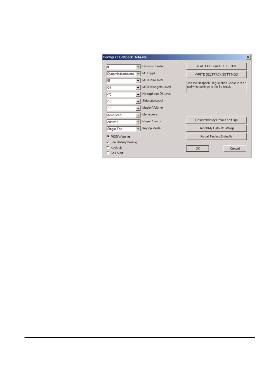 Read beltpack settings, Write beltpack settings, Remember my default settings | Recall my default settings, Read beltpack settings -10, Write beltpack settings -10, Remember my default settings -10, Recall my default settings -10, Figure 10-14 beltpack defaults setup -10 | Clear-Com FreeSpeak Antenna Splitter User Manual | Page 160 / 213