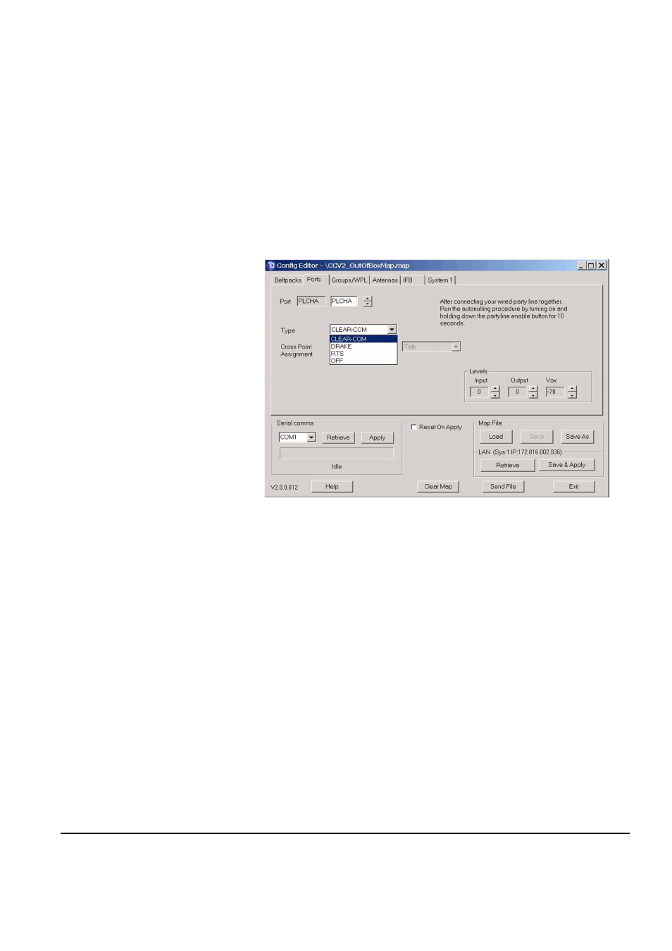 Changing the label of the port, Type drop-down box, Cross point assignment drop-down box | Changing the label of the port -18, Type drop-down box -18, Cross point assignment drop-down box -18, Figure 10-19 party line port type menu -18 | Clear-Com FreeSpeak Antenna Splitter User Manual | Page 168 / 213