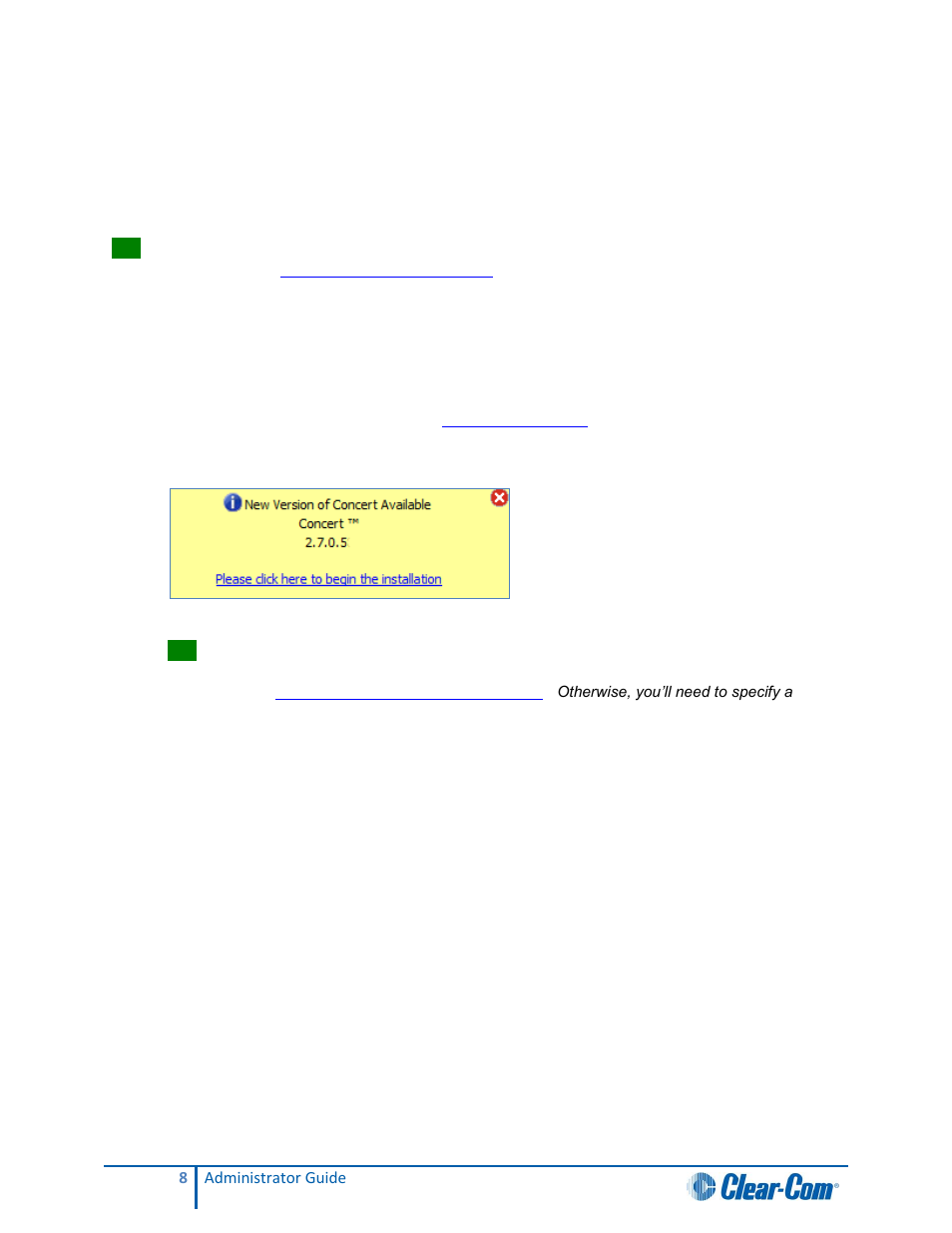 Client version notification, 2 client version notification | Clear-Com Concert for Newsroom User Manual | Page 8 / 48