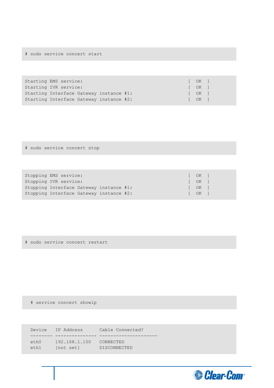 Starting all three concert services, Stopping all three concert services, Restarting all three concert services | Displaying concert server ip information, 2 starting all three concert services, 3 stopping all three concert services, 4 restarting all three concert services, 5 displaying concert server ip information | Clear-Com Concert for Newsroom User Manual | Page 21 / 44