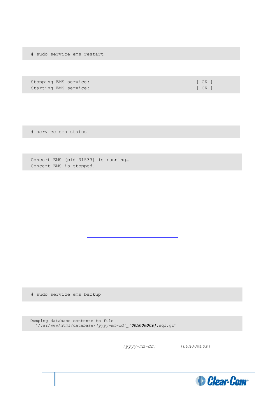 Restarting the ems service, Discovering the status of the ems service, Backing up the database | 4 restarting the ems service, 5 discovering the status of the ems service, 6 backing up the database | Clear-Com Concert for Newsroom User Manual | Page 24 / 44