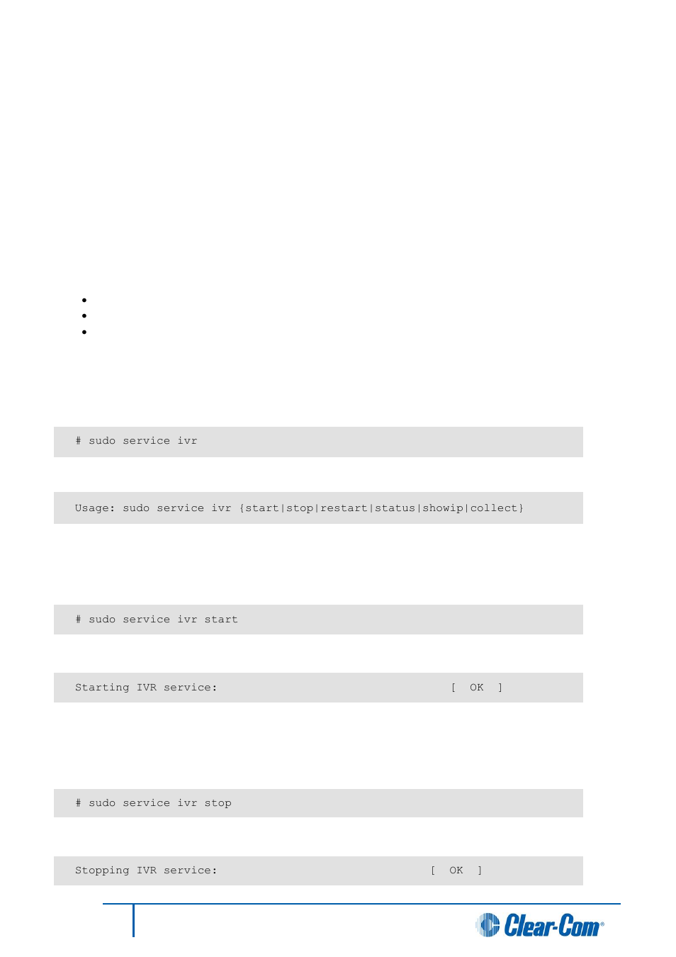 Manually changing your cmi credentials, Controlling the iv-r application, List of available iv-r commands | Starting the iv-r service, Stopping the iv-r service, 3 controlling the iv-r application, 10 manually changing your cmi credentials, 1 list of available iv-r commands, 2 starting the iv-r service, 3 stopping the iv-r service | Clear-Com Concert for Newsroom User Manual | Page 26 / 44