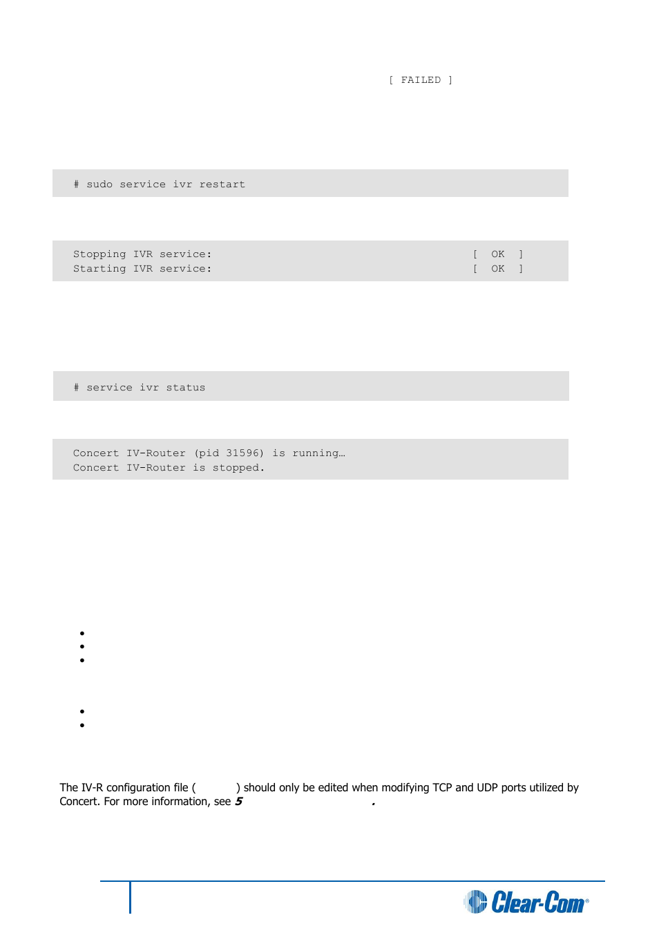 Restarting the iv-r service, Discovering the status of the iv-r service, Managing the iv-r in the cmi | Iv-r configuration file, 4 restarting the iv-r service, 5 discovering the status of the iv-r service, 6 managing the iv-r in the cmi, 7 iv-r configuration file | Clear-Com Concert for Newsroom User Manual | Page 27 / 44
