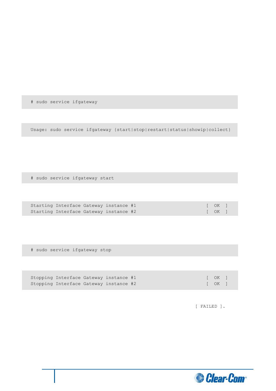 Controlling the interface gateway application, List of available interface gateway commands, Starting the interface gateway service | Stopping the interface gateway service, 4 controlling the interface gateway application, 1 list of available interface gateway commands, 2 starting the interface gateway service, 3 stopping the interface gateway service | Clear-Com Concert for Newsroom User Manual | Page 28 / 44