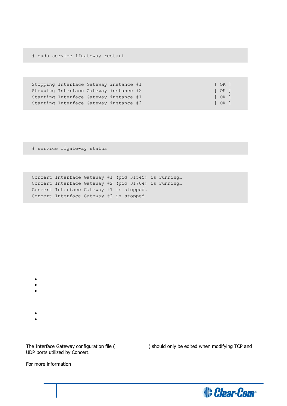 Restarting the interface gateway service, Managing the interface gateway in the cmi, Interface gateway configuration file | 4 restarting the interface gateway service, 6 managing the interface gateway in the cmi, 7 interface gateway configuration file | Clear-Com Concert for Newsroom User Manual | Page 29 / 44