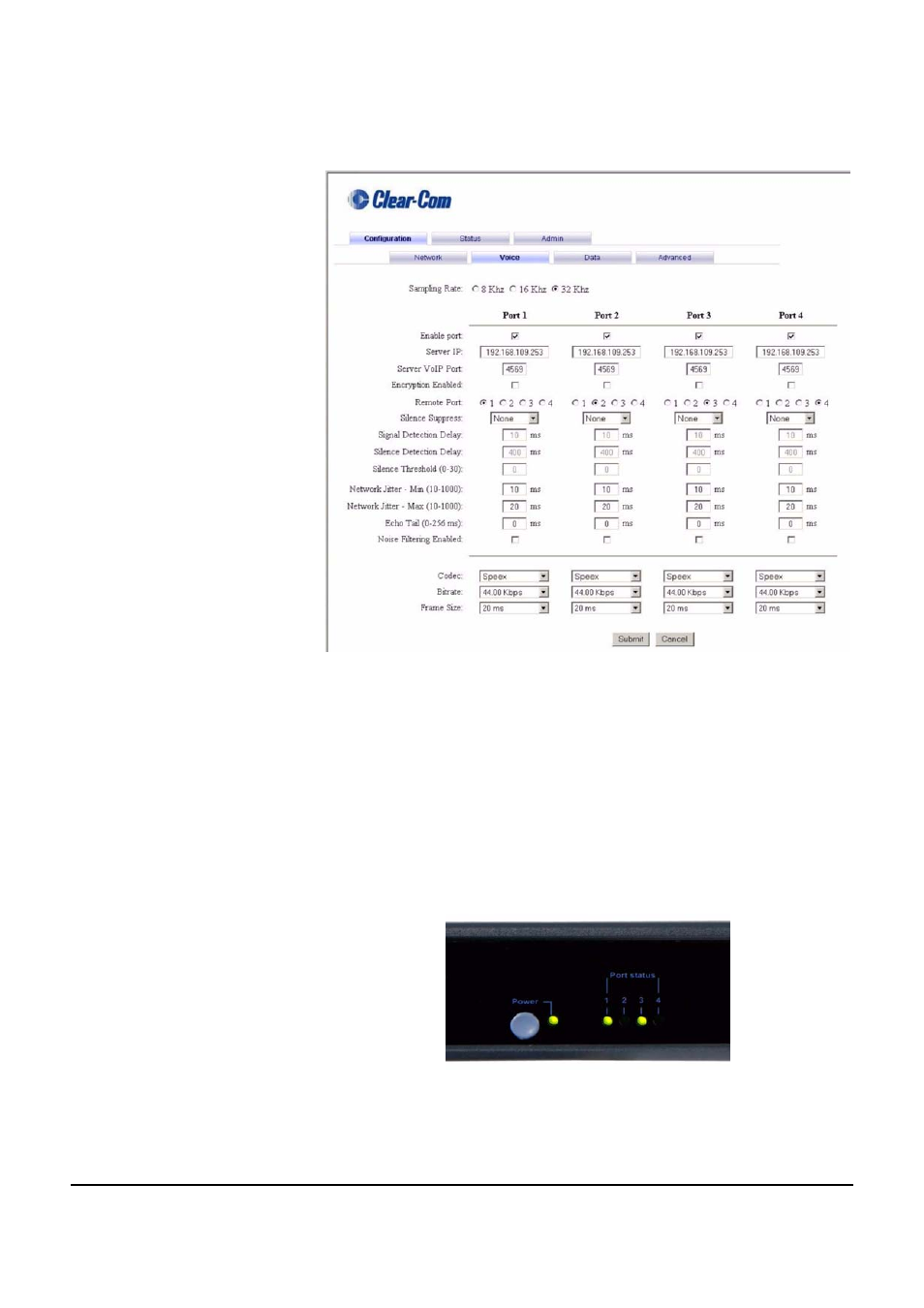Configuration screen -18 front panel leds -18 | Clear-Com VOICE2 User Manual | Page 38 / 106