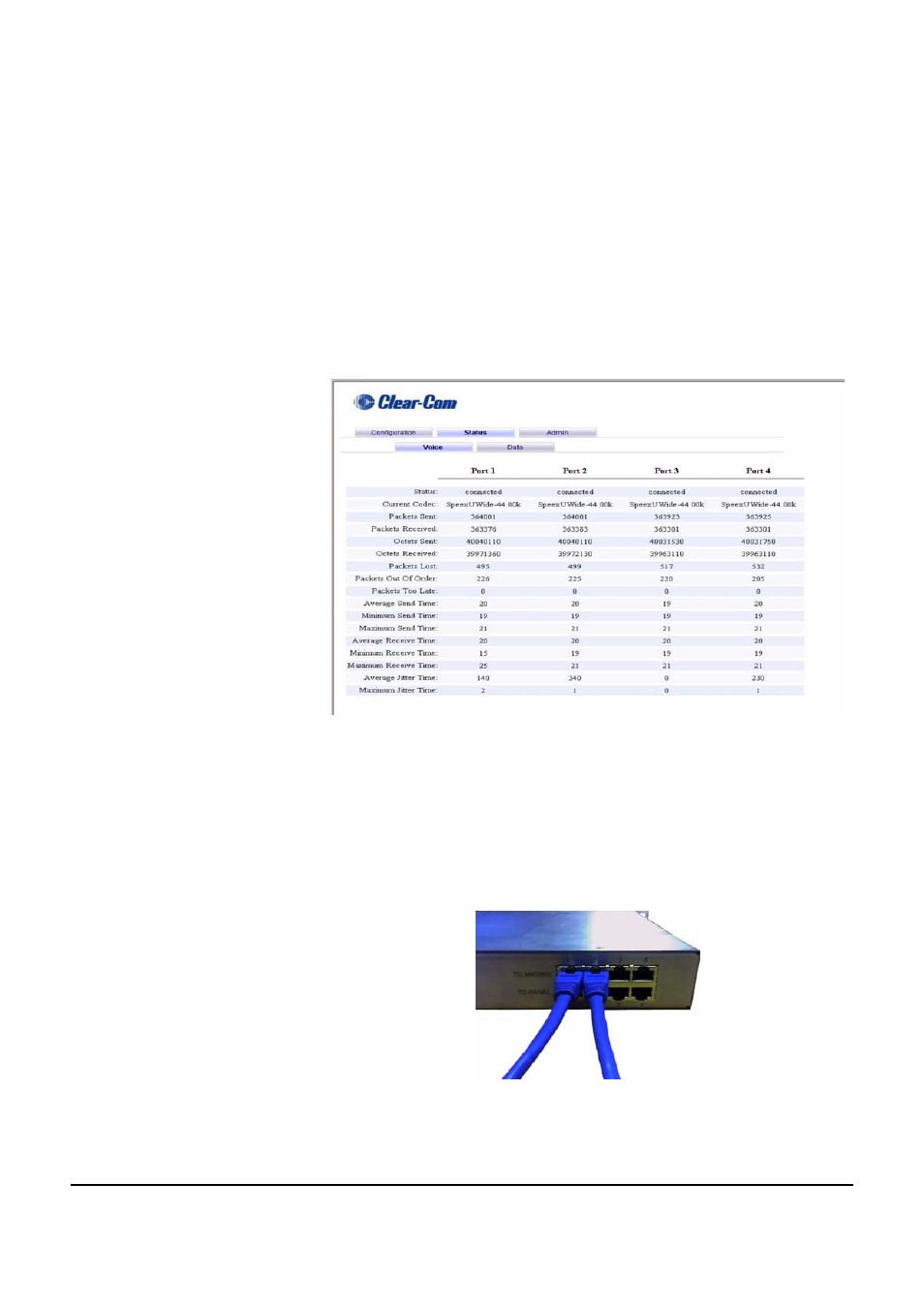 Connecting to a matrix, Connecting to a matrix -19, Statistics screen -19 matrix connection -19 | Clear-Com VOICE2 User Manual | Page 39 / 106