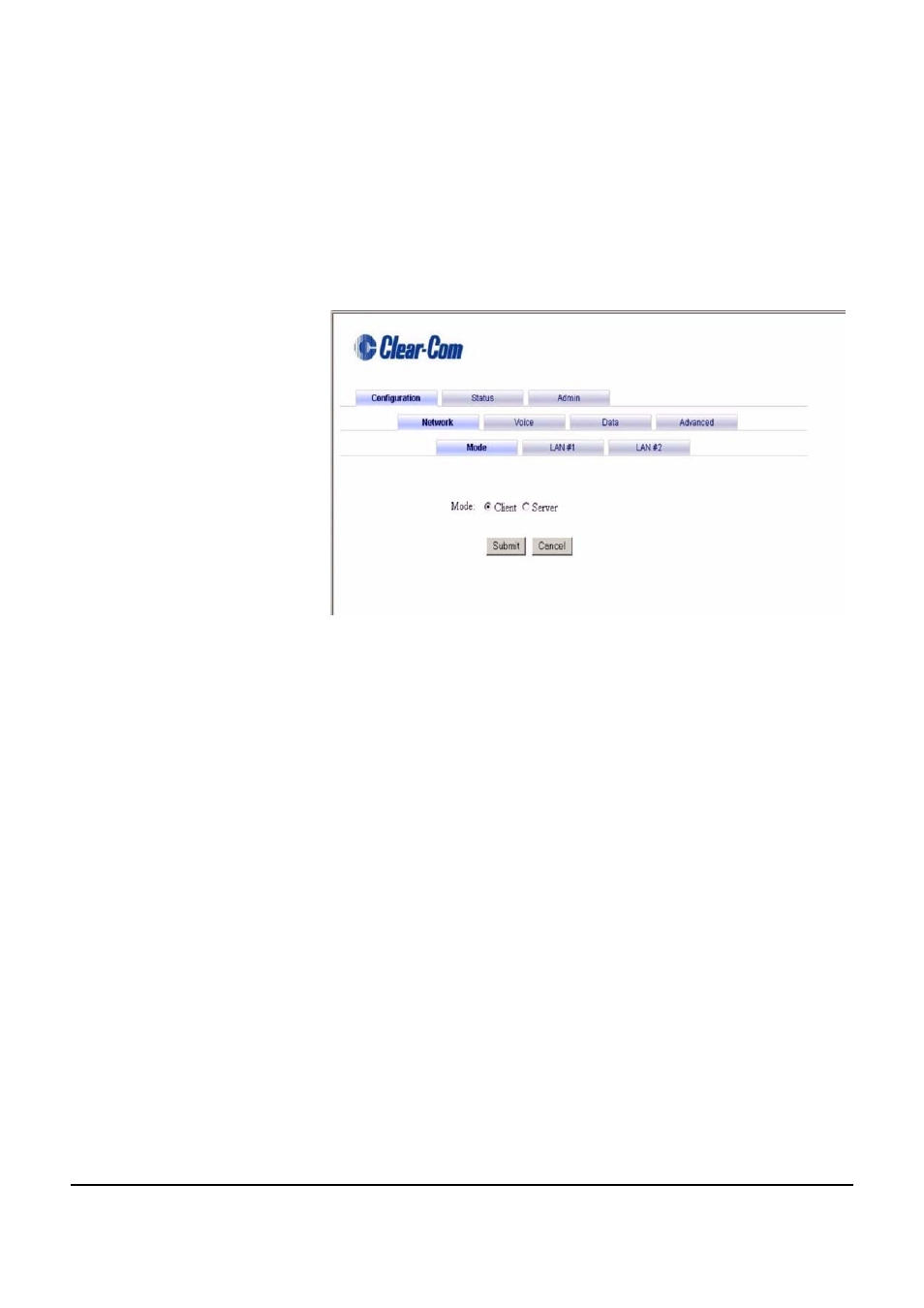 Network tab, Mode tab, Network tab -3 | Mode tab -3, Configuration mode screen -3 | Clear-Com VOICE2 User Manual | Page 43 / 106