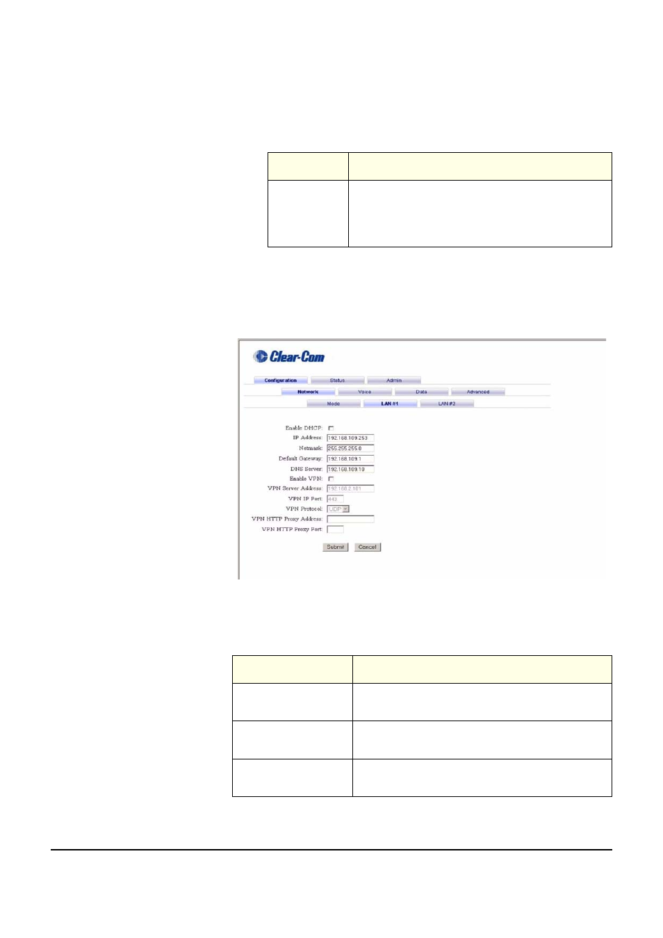 Lan #1 tab, Lan #1 tab -4, Configuration lan #1 screen -4 | Mode tab items -4 lan #1 items -4 | Clear-Com VOICE2 User Manual | Page 44 / 106