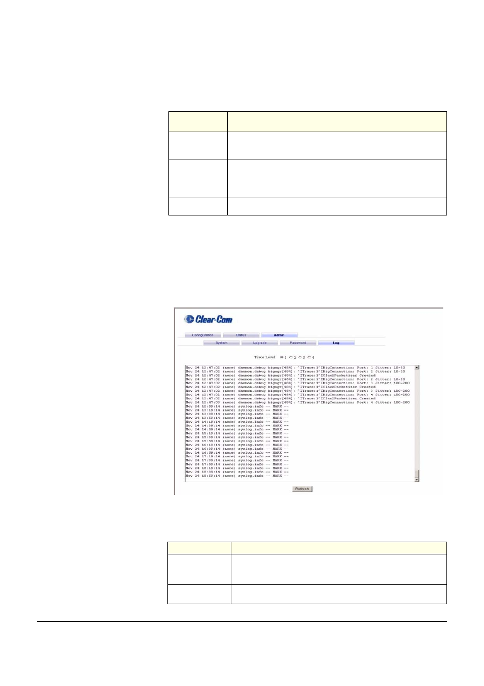 Log tab, Log tab -24, Logs tab screen -24 | Password items -24 logs tab items -24 | Clear-Com VOICE2 User Manual | Page 64 / 106