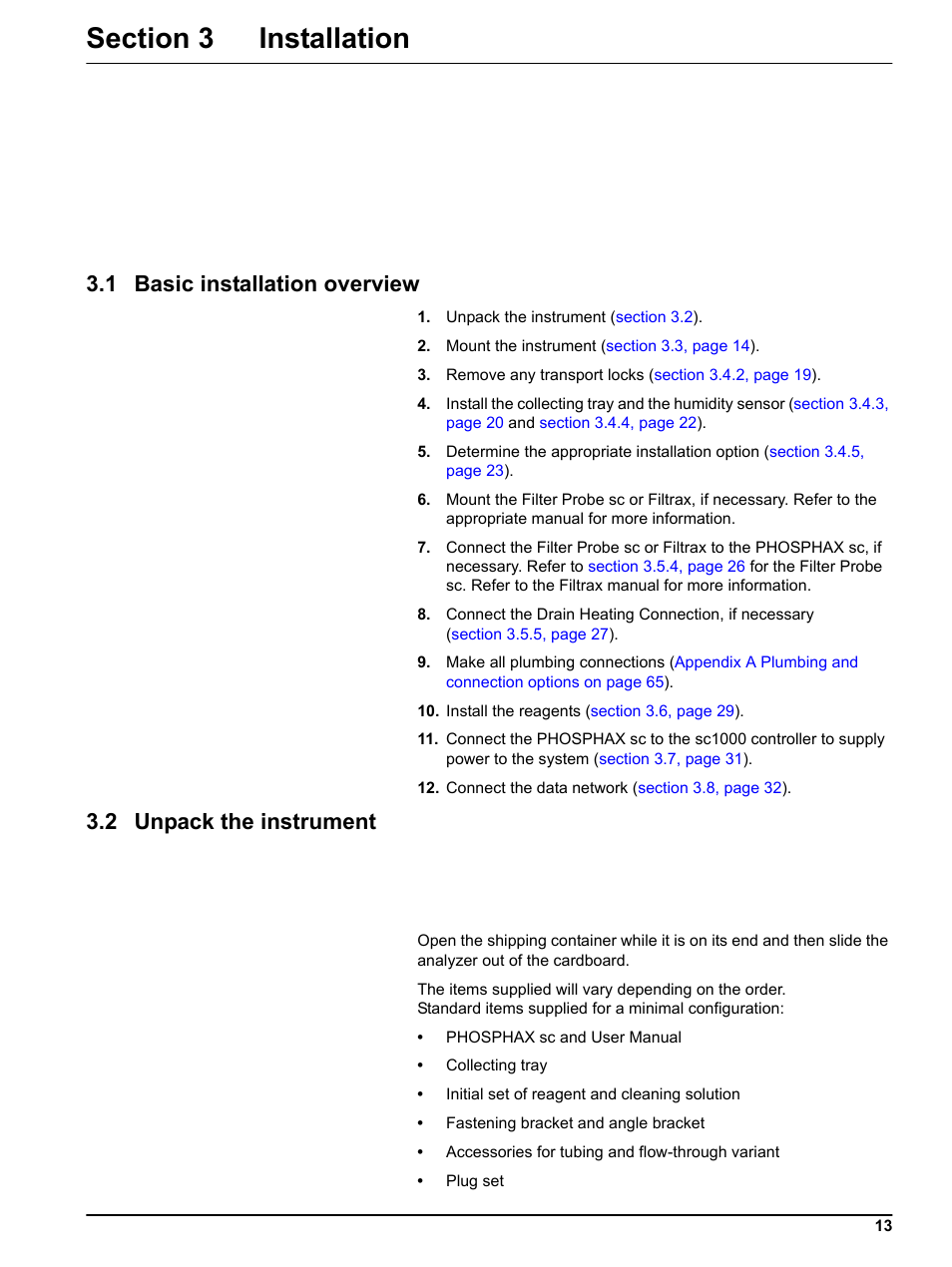 Section 3 installation, 1 basic installation overview, 2 unpack the instrument | Hach-Lange PHOSPHAX indoor sc User Manual | Page 13 / 106