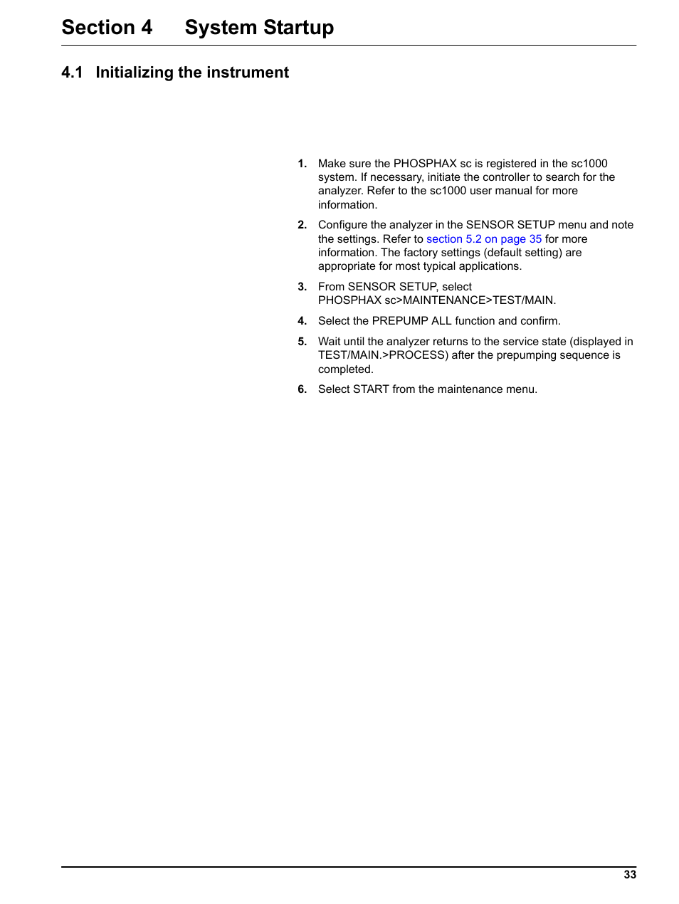 Section 4 system startup, 1 initializing the instrument | Hach-Lange PHOSPHAX indoor sc User Manual | Page 33 / 106