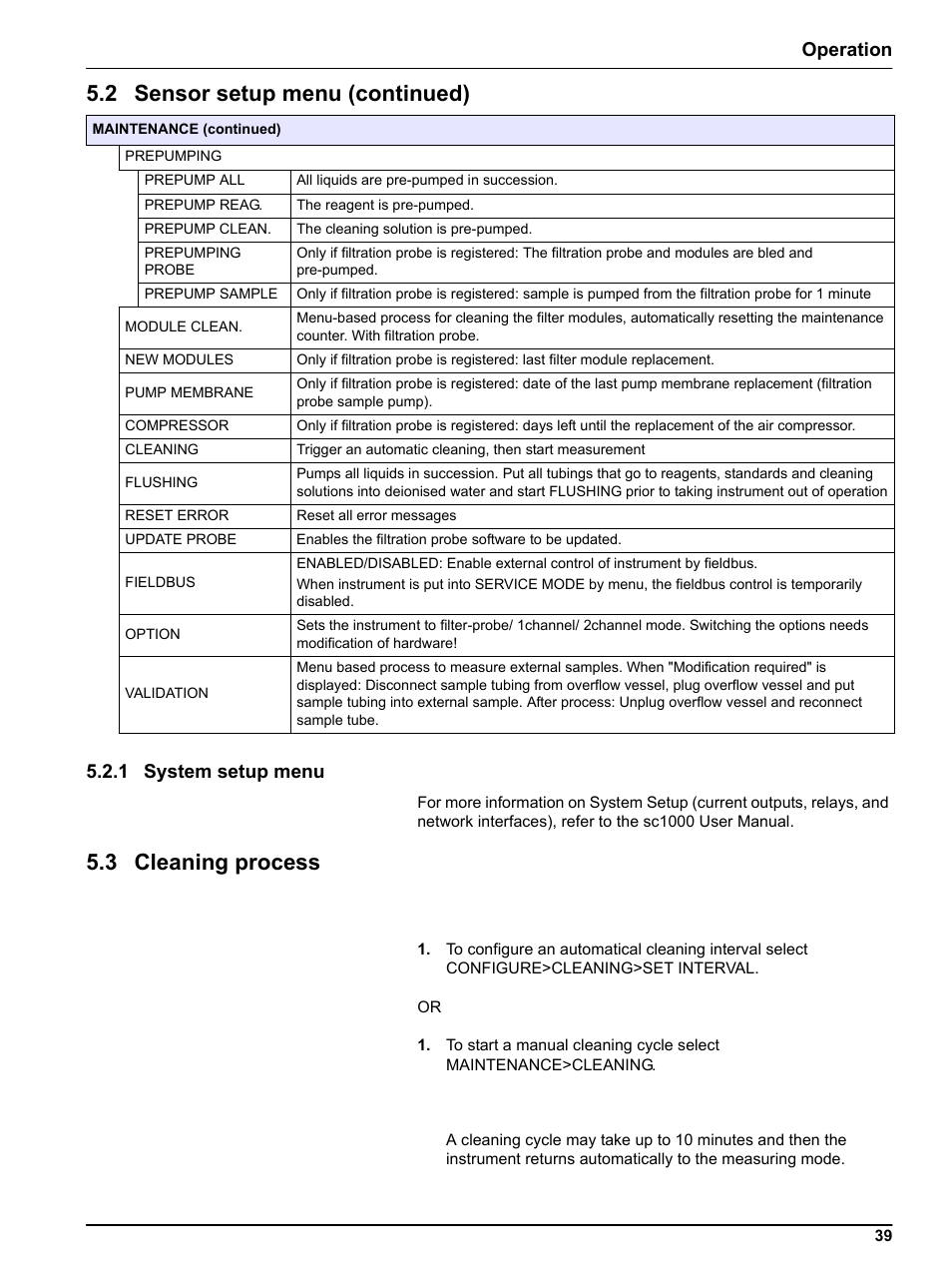 1 system setup menu, 3 cleaning process, 2 sensor setup menu (continued) | Operation 5.2.1 system setup menu | Hach-Lange PHOSPHAX indoor sc User Manual | Page 39 / 106