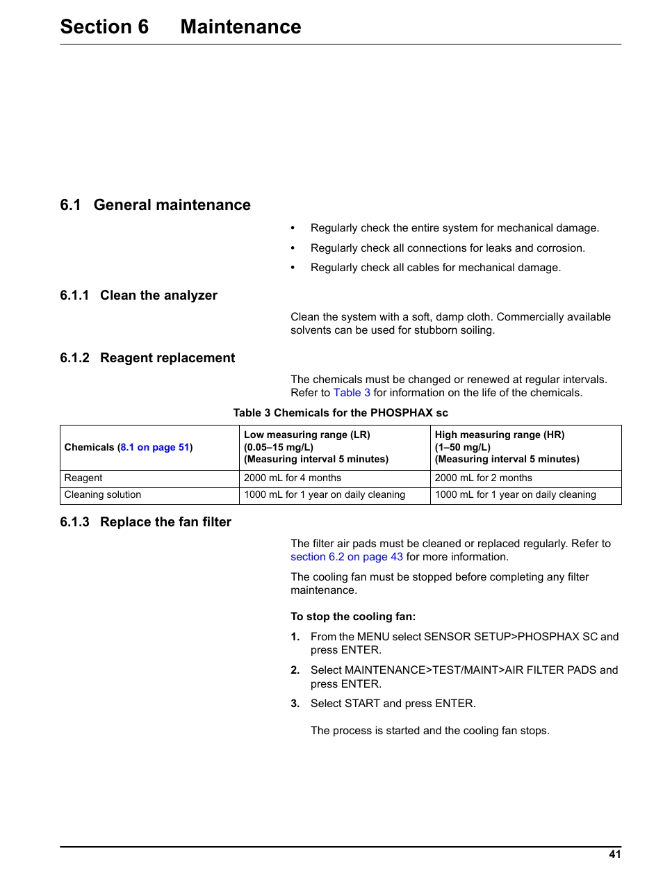 Section 6 maintenance, 1 general maintenance, 1 clean the analyzer | 2 reagent replacement, 3 replace the fan filter | Hach-Lange PHOSPHAX indoor sc User Manual | Page 41 / 106