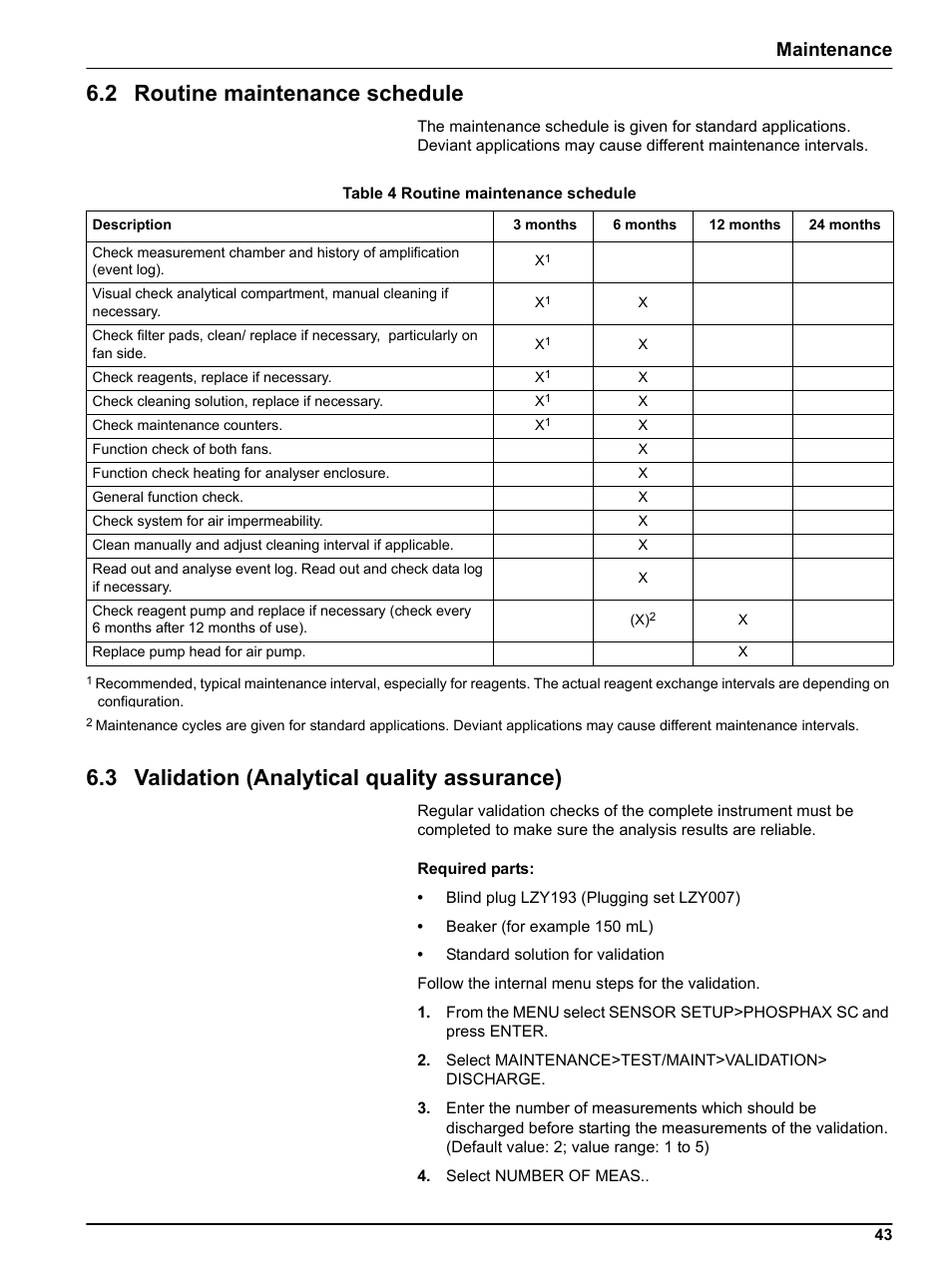 2 routine maintenance schedule, 3 validation (analytical quality assurance), Maintenance | Hach-Lange PHOSPHAX indoor sc User Manual | Page 43 / 106