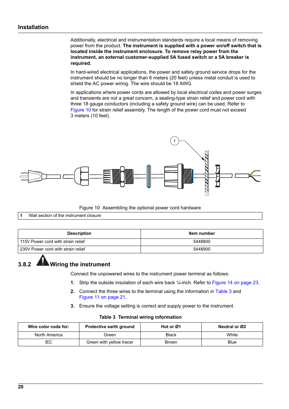2 wiring the instrument, Table 3, Installation | Hach-Lange CL17 USER MANUAL User Manual | Page 22 / 60