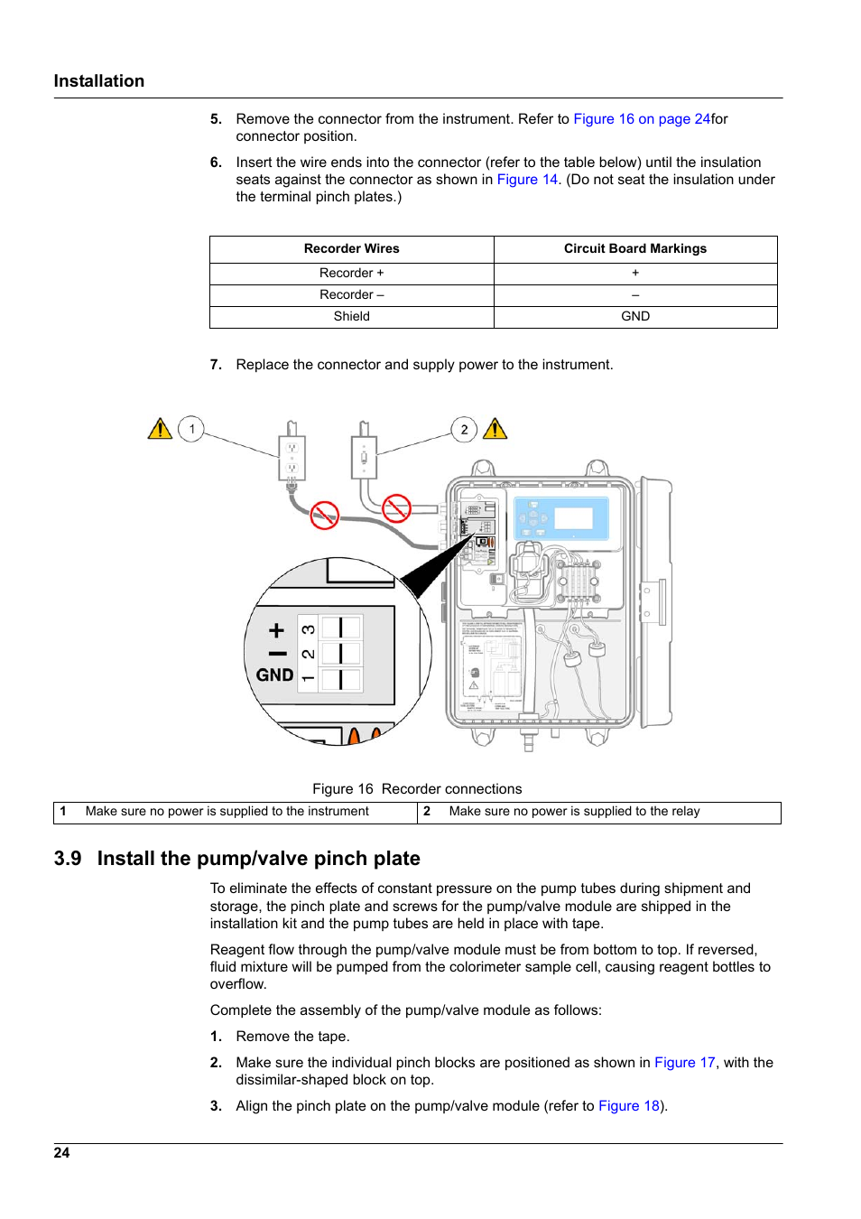 9 install the pump/valve pinch plate, Installation | Hach-Lange CL17 USER MANUAL User Manual | Page 26 / 60